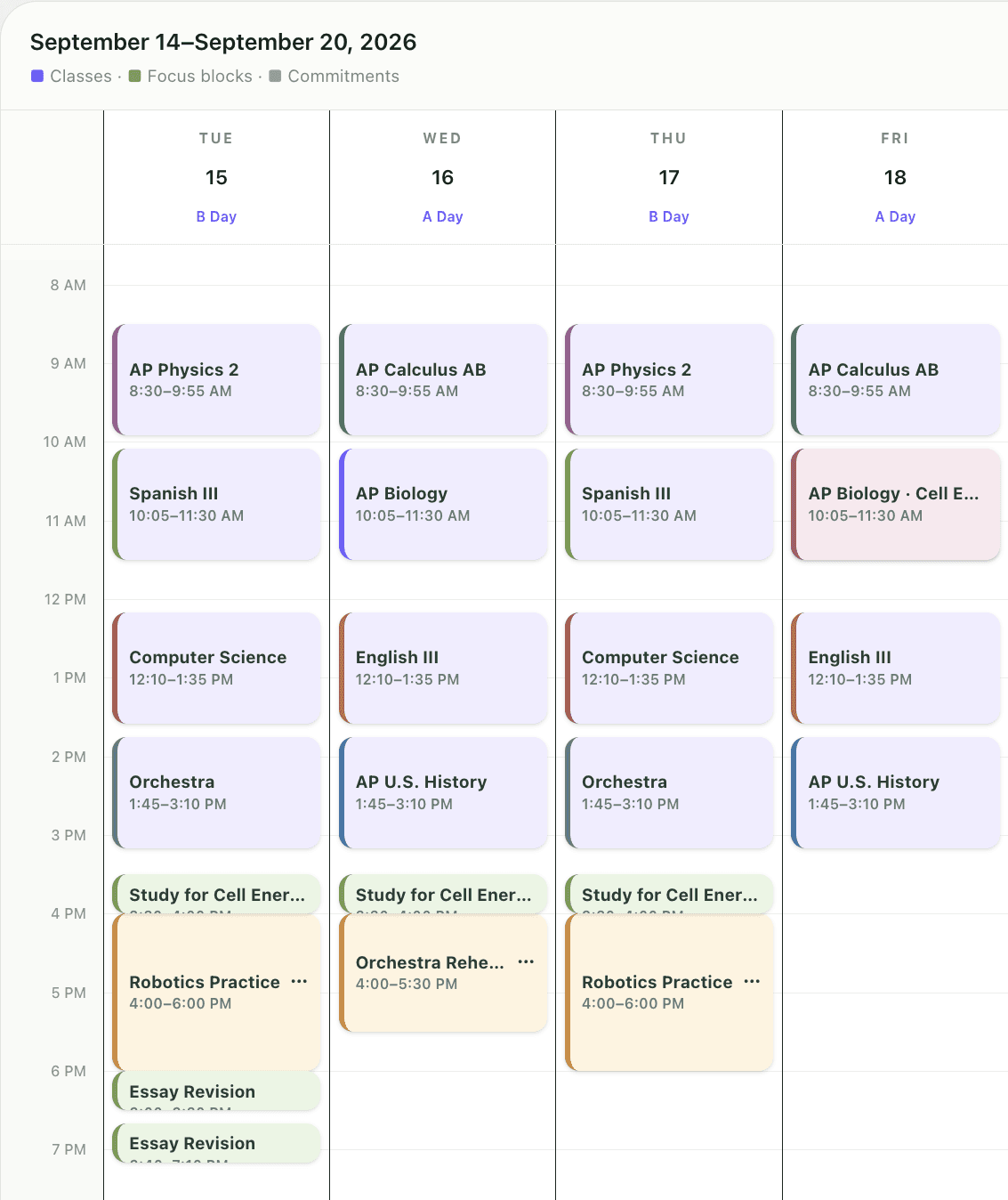 A real Youcalyptus weekly schedule showing classes, automatically planned focus blocks, and commitments from Tuesday through Friday.